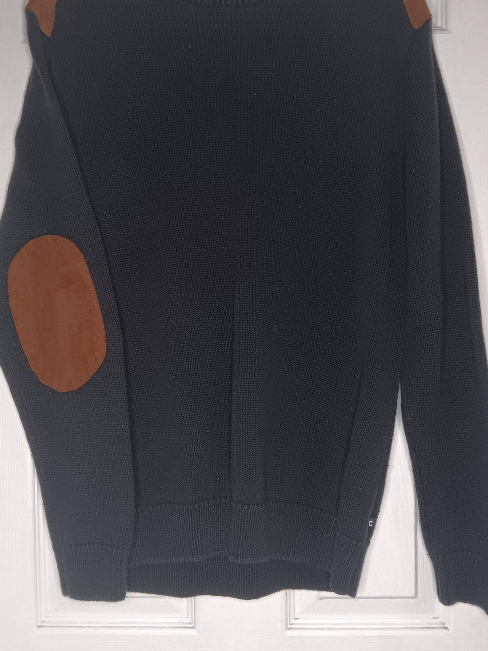 Chaps Black Crewneck Sweater with Brown Elbow Patches